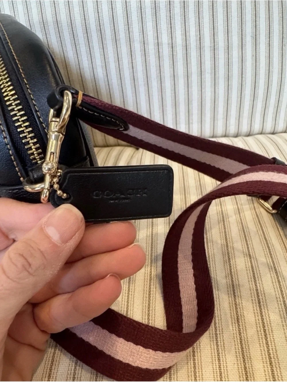Coach Brown Leather Crossbody Camera Bag with Burgundy Stripe Strap NWOT